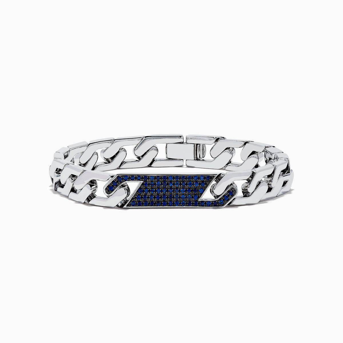 The 925 Sterling Silver Sapphire Bracelet features chain links and a rectangular centerpiece with small blue gemstones, evoking the look of sapphires, and is shown on a white background.