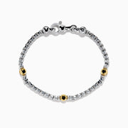 Men's 925 Sterling Silver & 14K Yellow Gold Black Spinel Bracelet with three evenly spaced 14K gold beads and a lobster clasp, displayed on a white background.