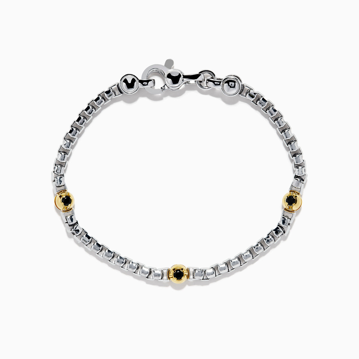 Men's 925 Sterling Silver & 14K Yellow Gold Black Spinel Bracelet with three evenly spaced 14K gold beads and a lobster clasp, displayed on a white background.