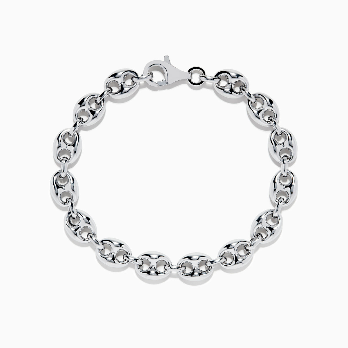 The Mens 925 Sterling Silver Puffed Mariner Link Chain Bracelet features oval links and a lobster clasp, displayed in a circular shape on a white background.