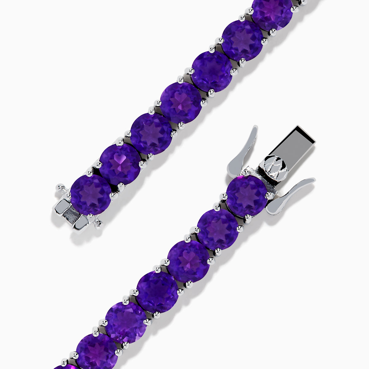 The 925 Sterling Silver Purple Amethyst Bracelet is shown on a plain white background, featuring faceted round amethyst gemstones in a classic tennis style.