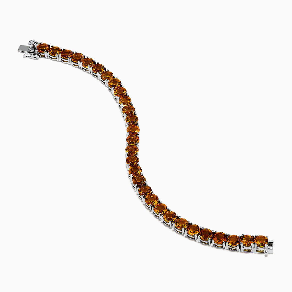 The 925 Sterling Silver Citrine Bracelet showcases a single row of round, faceted amber-orange citrine stones in prong settings against a white background.
