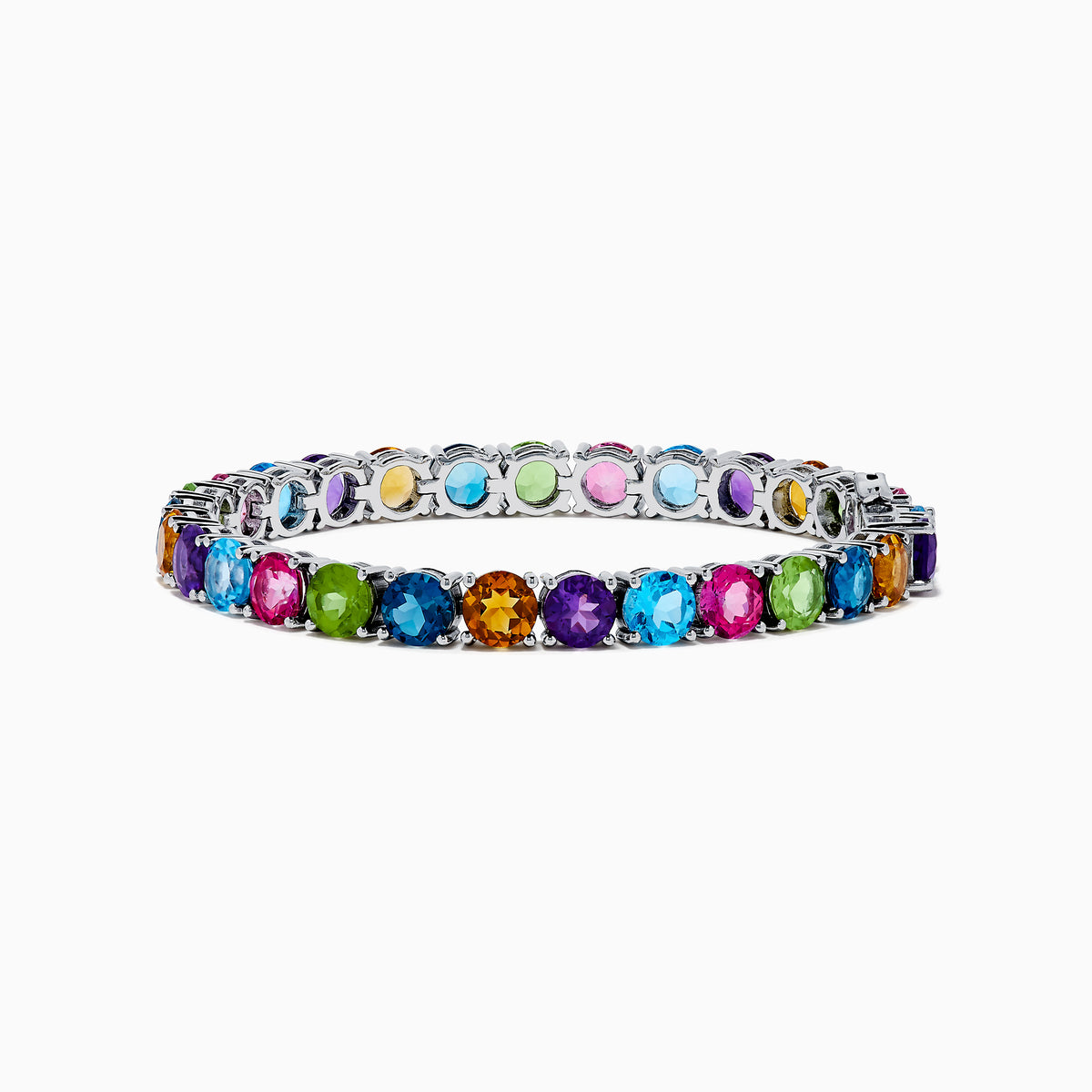 The 925 Sterling Silver Mix Stone Bracelet features round multicolored gemstones—blue, green, yellow, pink, orange, and purple—displayed on a white background.