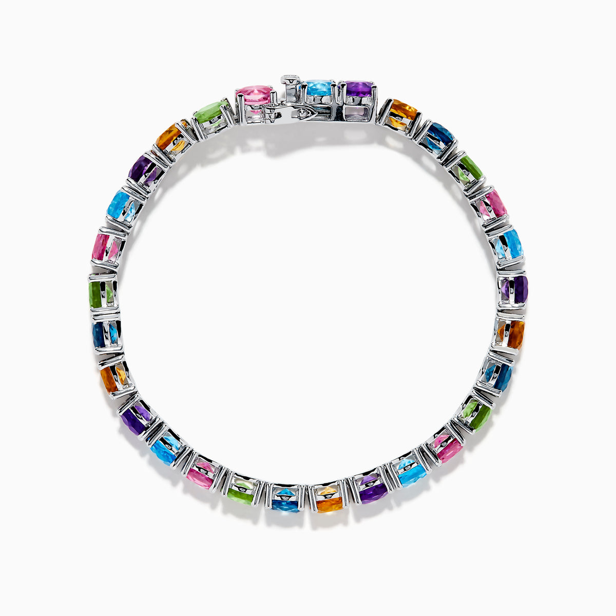 The 925 Sterling Silver Mix Stone Bracelet features round multicolored gemstones—blue, green, yellow, pink, orange, and purple—displayed on a white background.