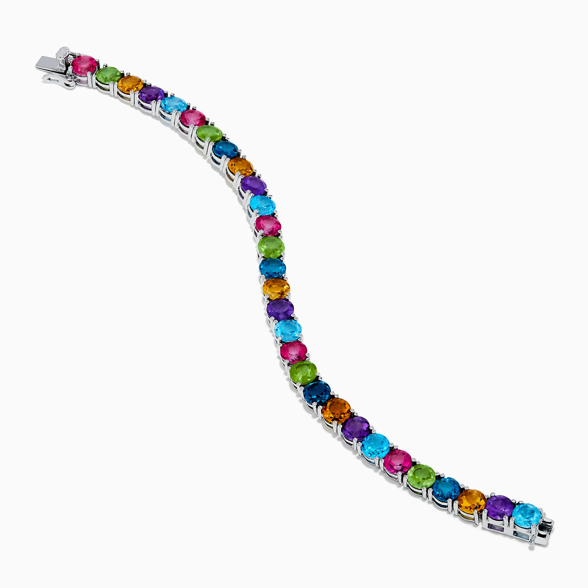 The 925 Sterling Silver Mix Stone Bracelet features round multicolored gemstones—blue, green, yellow, pink, orange, and purple—displayed on a white background.