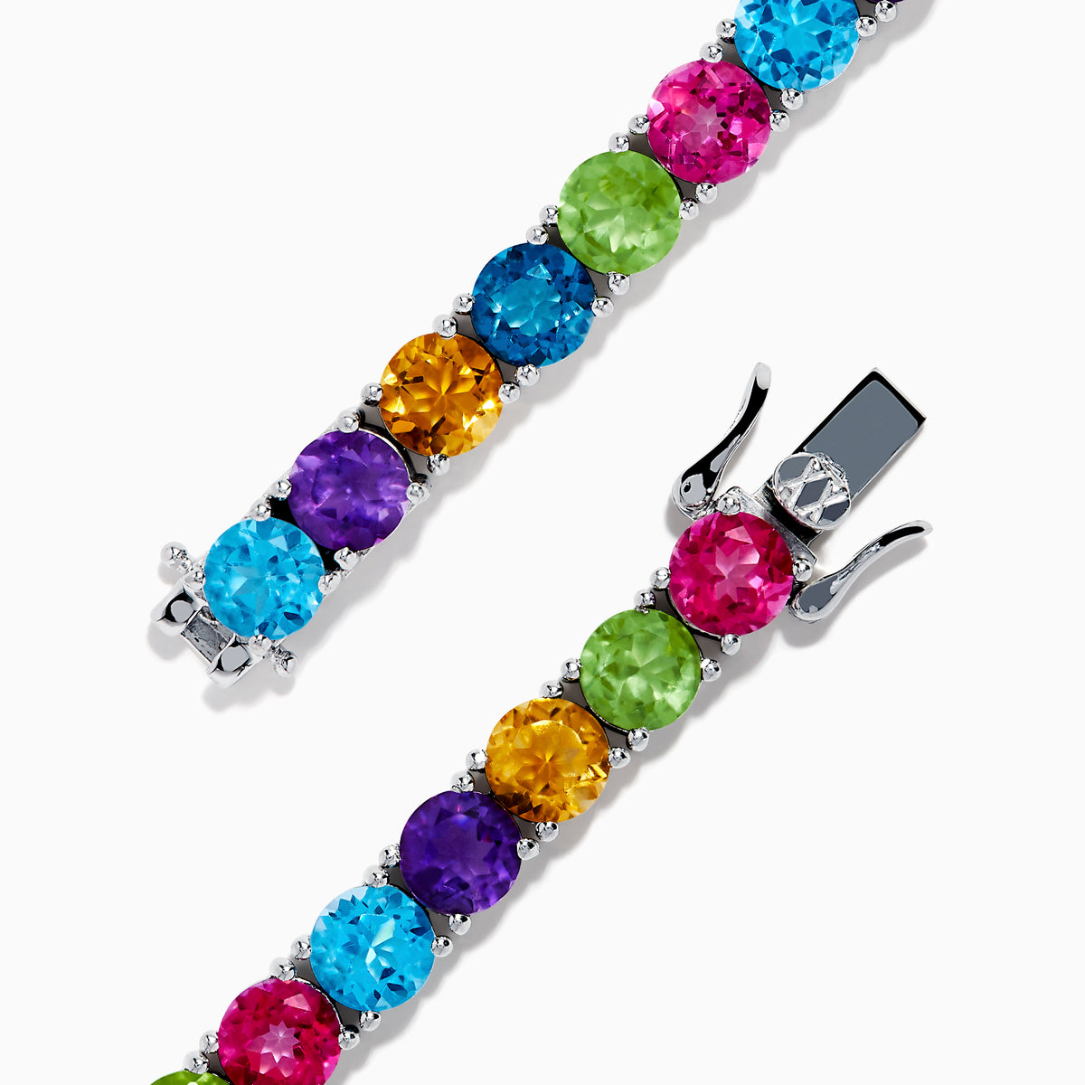 The 925 Sterling Silver Mix Stone Bracelet features round multicolored gemstones—blue, green, yellow, pink, orange, and purple—displayed on a white background.