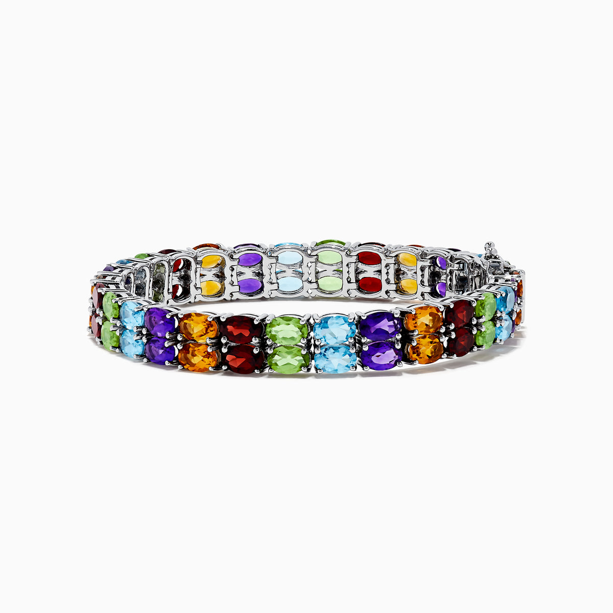 The 925 Mosaic Sterling Silver Double Row Multi Gemstone Tennis Bracelet features vibrant green, blue, purple, red, and orange stones in a dazzling repeating pattern.