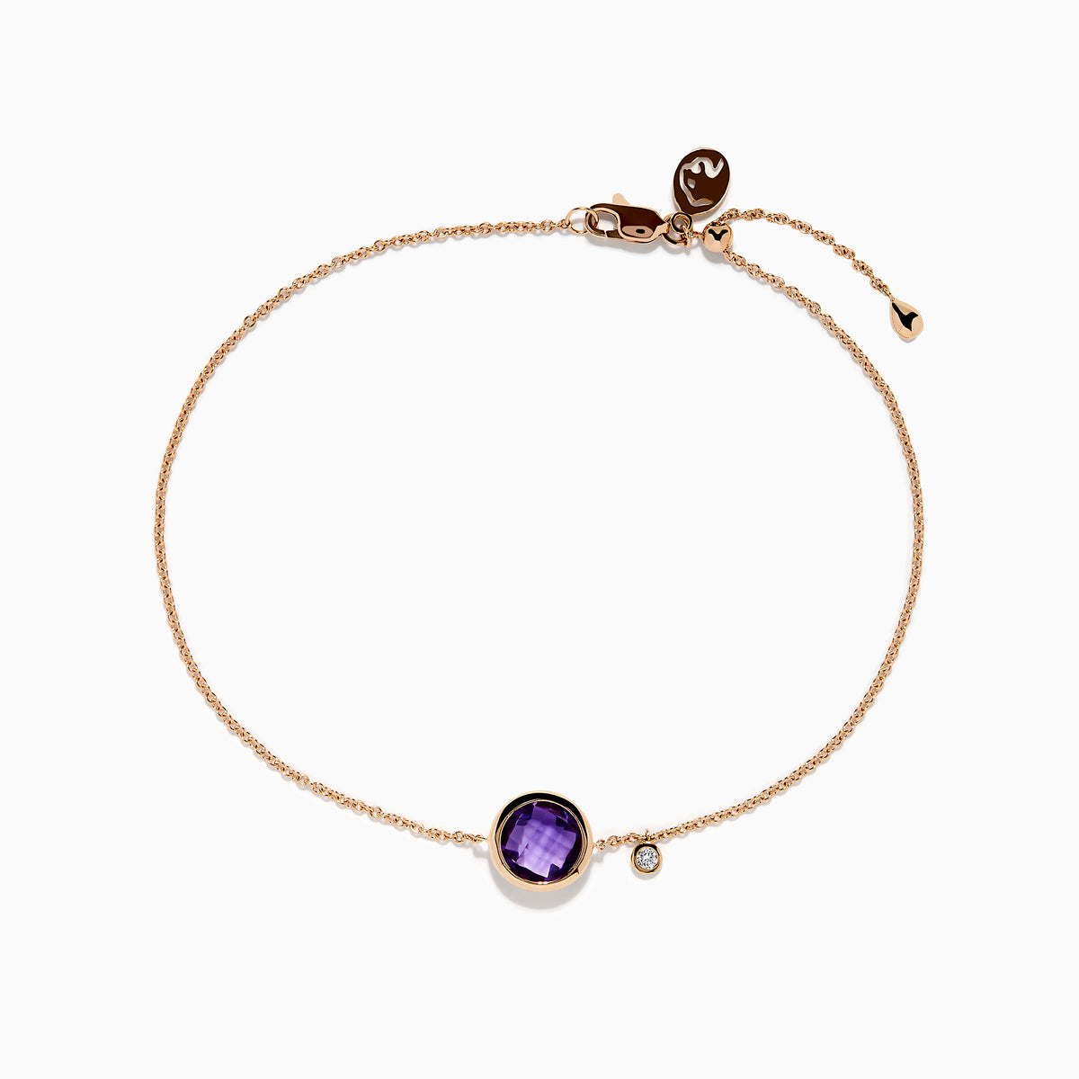 The 14K Rose Gold Amethyst and Diamond Bolo Bracelet features a round amethyst centerpiece, sparkling diamond accents, an adjustable clasp with heart detail, and a delicate rose gold chain with a small hanging charm.