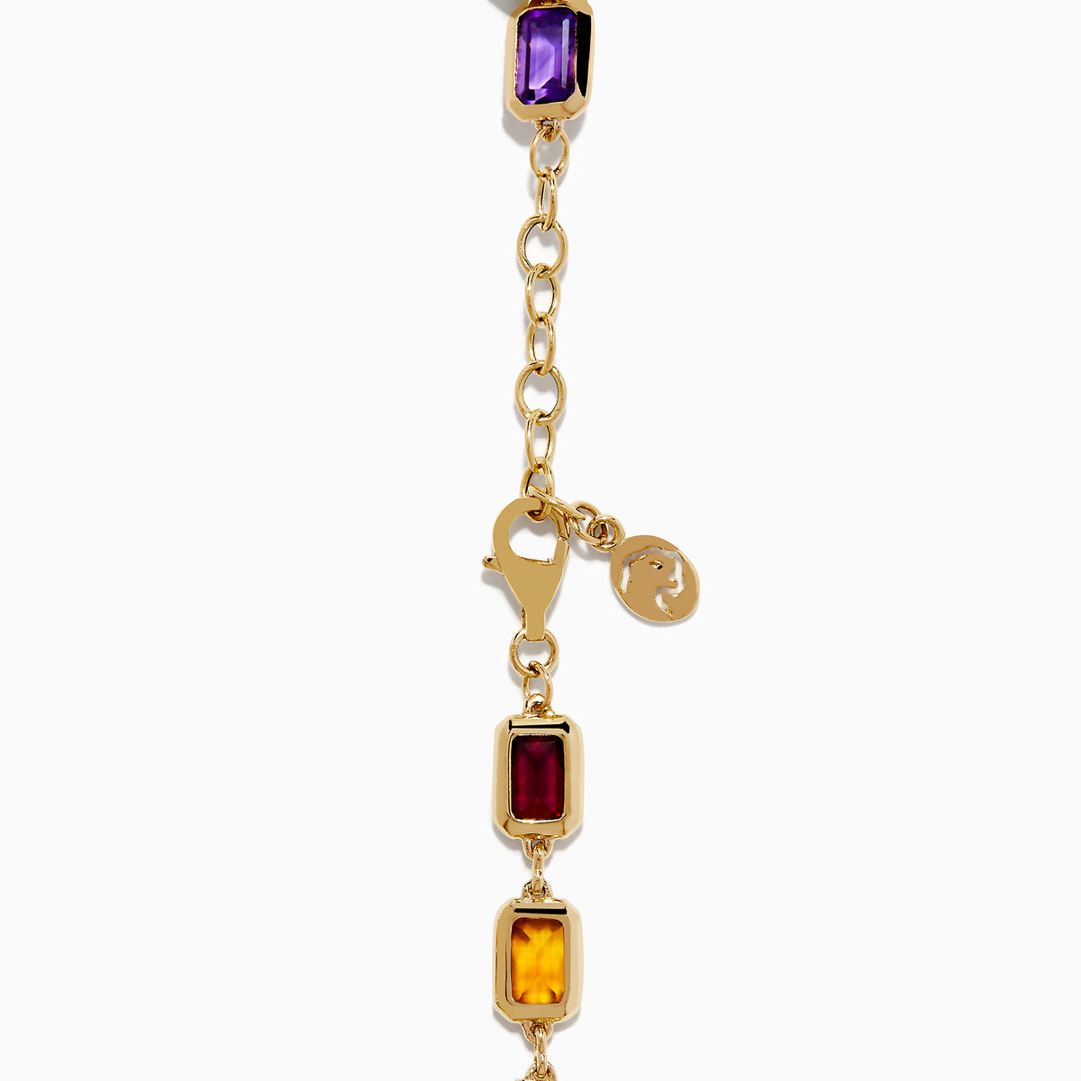 The Mosaic 14K Yellow Gold Bezel Multi Color Gemstone Bracelet showcases blue, green, purple, red, and amber rectangular stones evenly spaced along a delicate chain with an adjustable clasp.