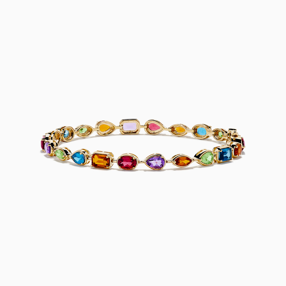 The Mosaic 14K Yellow Gold Multi Color Gemstone Bracelet features evenly spaced ovals, teardrops, and rectangles in vibrant hues along an elegant yellow gold band.