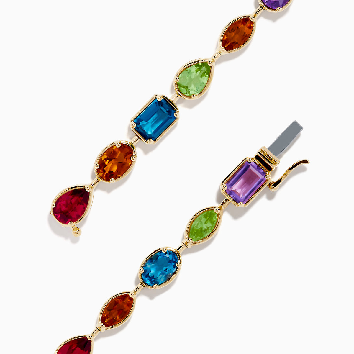 The Mosaic 14K Yellow Gold Multi Color Gemstone Bracelet features evenly spaced ovals, teardrops, and rectangles in vibrant hues along an elegant yellow gold band.