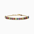 The Mosaic 14K Yellow Gold Multi Color Gemstone Beaded Chain Bracelet showcases rectangular multicolored gemstones in a row, with a clasp and adjustable beaded chain, shown on a white background.