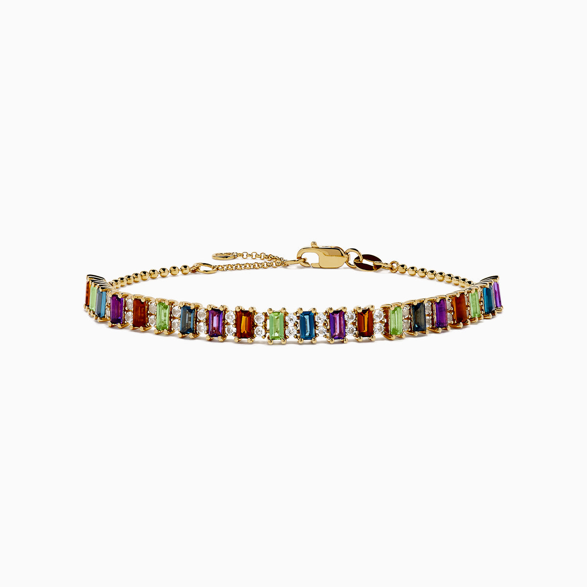 The Mosaic 14K Yellow Gold Multi Color Gemstone Beaded Chain Bracelet showcases rectangular multicolored gemstones in a row, with a clasp and adjustable beaded chain, shown on a white background.