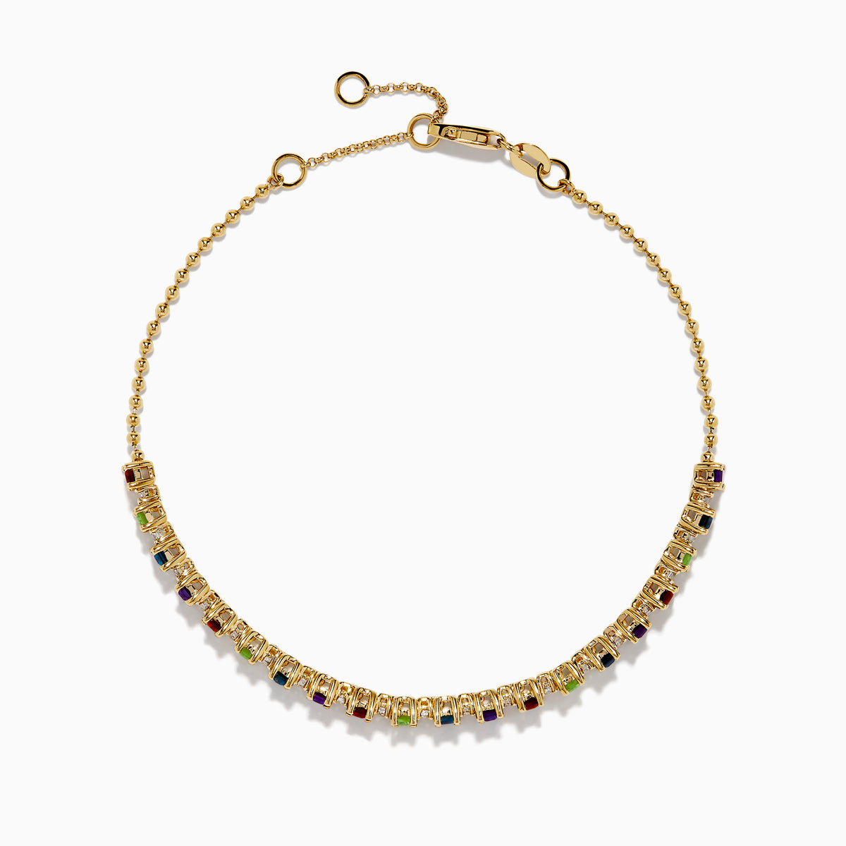 The Mosaic 14K Yellow Gold Multi Color Gemstone Beaded Chain Bracelet showcases rectangular multicolored gemstones in a row, with a clasp and adjustable beaded chain, shown on a white background.