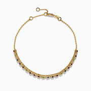 The Mosaic 14K Yellow Gold Multi Color Gemstone Beaded Chain Bracelet showcases rectangular multicolored gemstones in a row, with a clasp and adjustable beaded chain, shown on a white background.