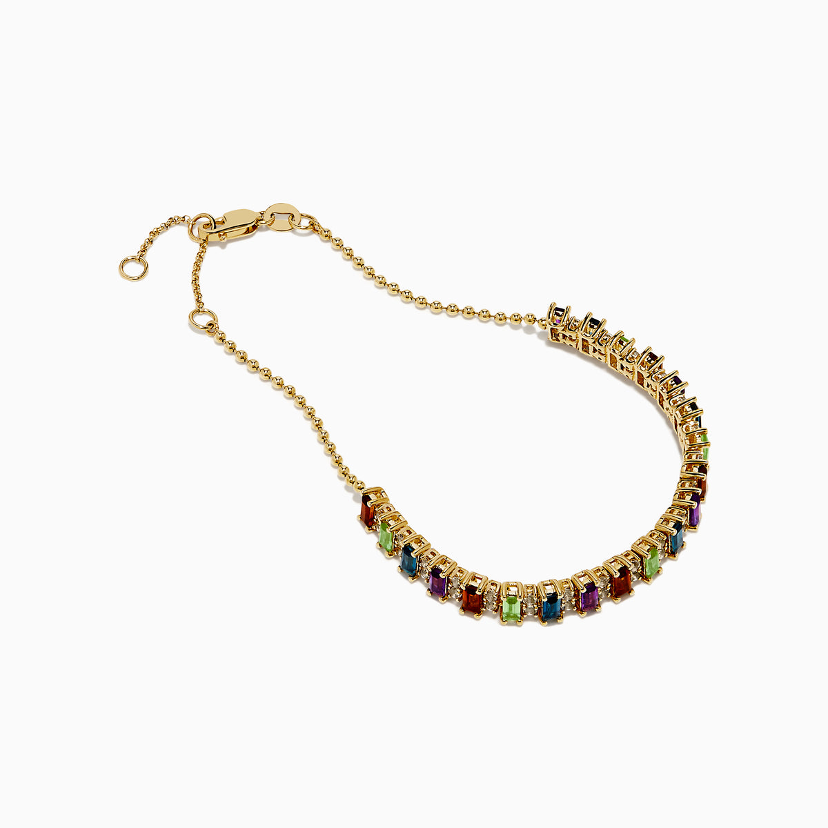 The Mosaic 14K Yellow Gold Multi Color Gemstone Beaded Chain Bracelet showcases rectangular multicolored gemstones in a row, with a clasp and adjustable beaded chain, shown on a white background.