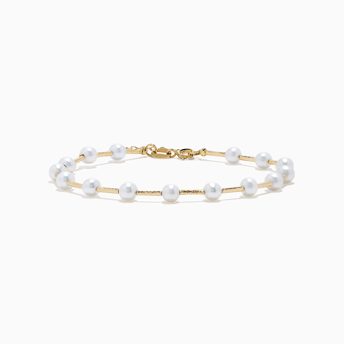 The 14K Yellow Gold Fresh Water Pearl Station Bracelet features a delicate design with evenly spaced pearls and a gold lobster clasp, displayed on a plain white background.
