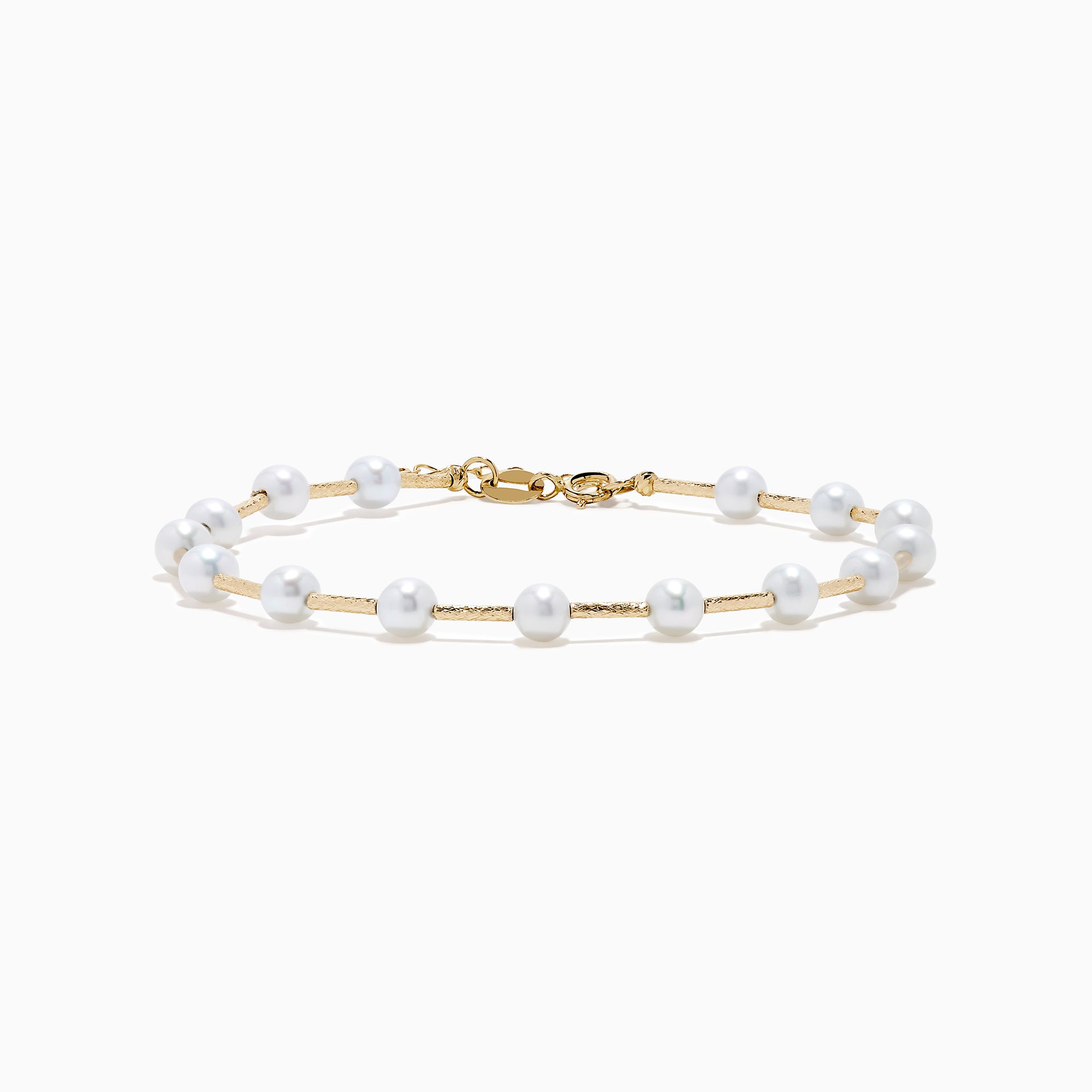 The 14K Yellow Gold Fresh Water Pearl Station Bracelet features a delicate design with evenly spaced pearls and a gold lobster clasp, displayed on a plain white background.