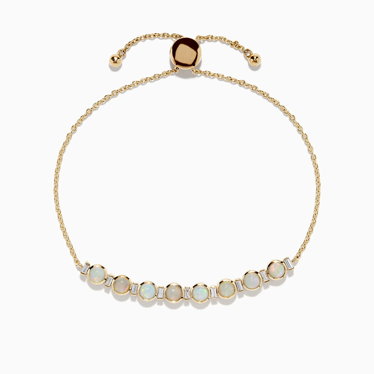 The Aurora 14K Yellow Gold Opal Bolo Bracelet 1.81 TCW features eight opal stones in a row, a sliding clasp, and gold bead accents for a delicate, elegant look.