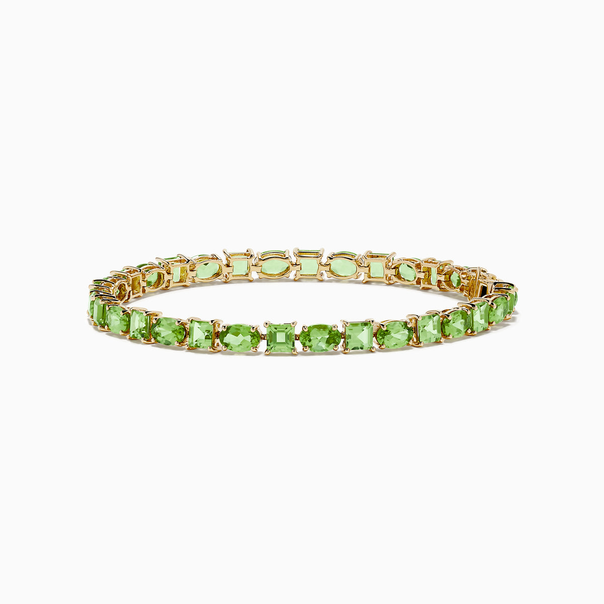 The 14K Yellow Gold Peridot Tennis Bracelet 13.50 TCW features evenly spaced round and square green gems, shown against a white background.