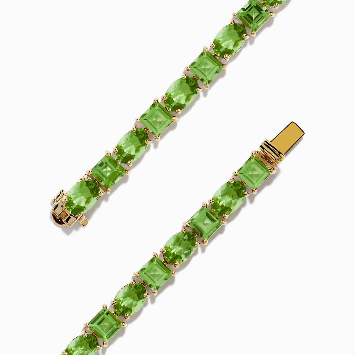 The 14K Yellow Gold Peridot Tennis Bracelet 13.50 TCW features evenly spaced round and square green gems, shown against a white background.