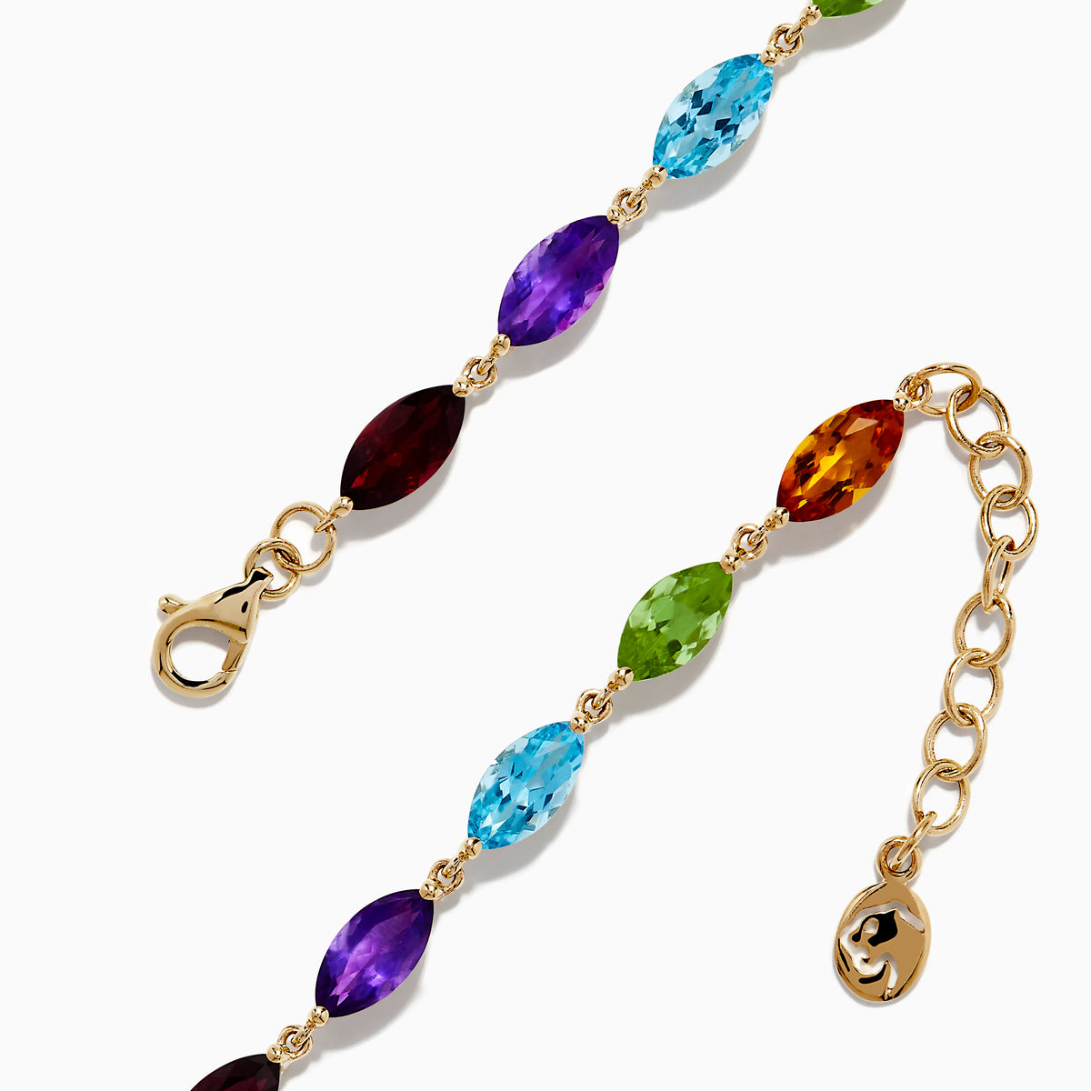 The Mosaic 14K Yellow Gold Multi Gemstone Adjustable Tennis Bracelet (9.30 TCW) features oval, faceted blue, green, purple, orange, and red stones set along a delicate yellow gold chain with an adjustable clasp.