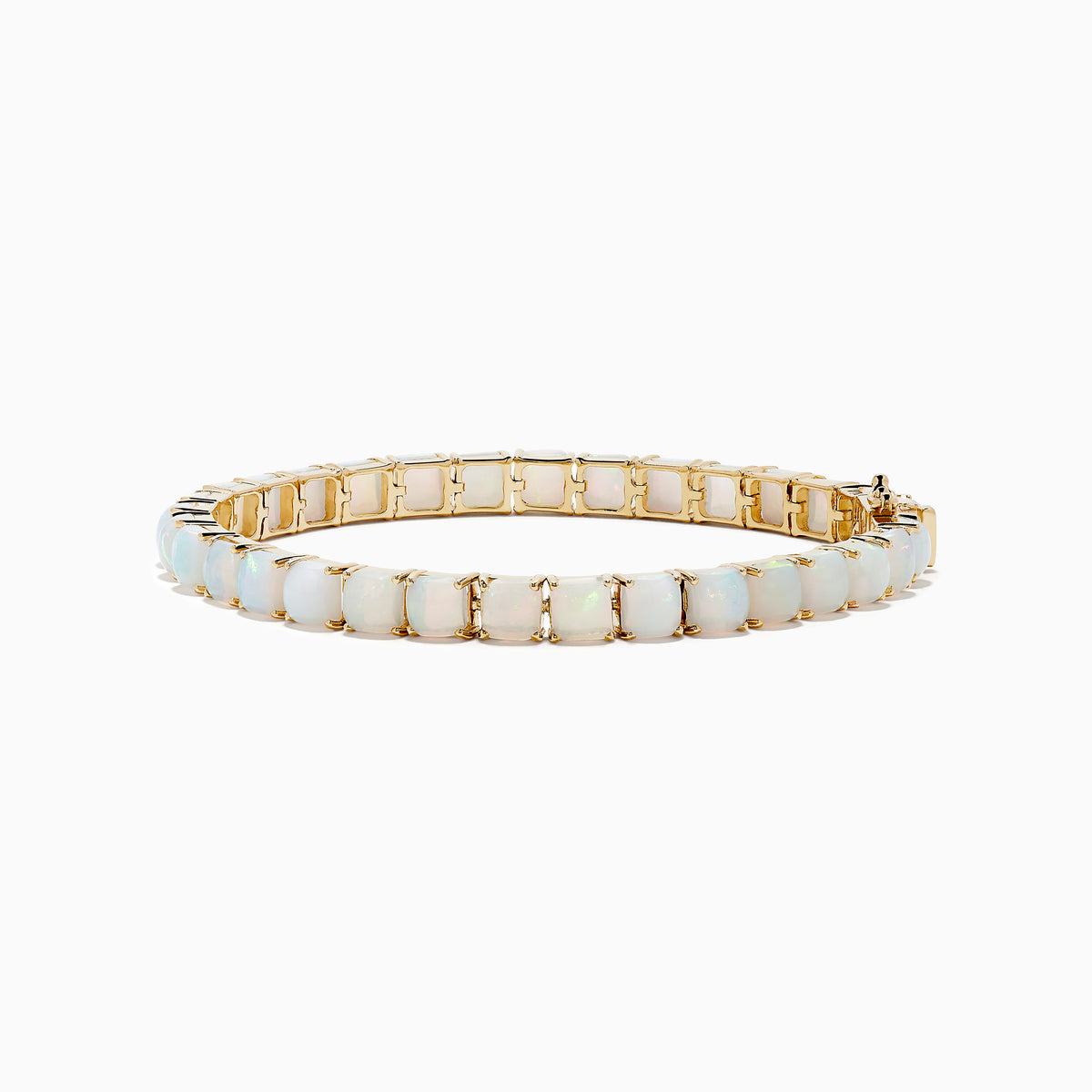 The Aurora 14K Yellow Gold Opal Tennis Bracelet 17.40 TCW showcases oval opals set in prongs on 14K yellow gold, displayed against a white background.