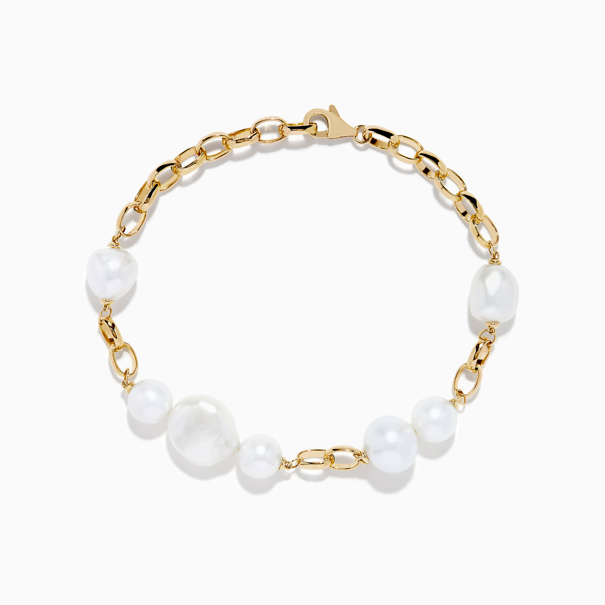 The 14K Yellow Gold Fresh Water Pearl Chain Link Bracelet features five irregular freshwater pearls evenly spaced on a delicate gold chain, finished with a secure lobster clasp.
