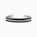 The Mens 925 Sterling Silver Leather Bangle features a diagonal rope-like pattern with dark accents along the edges and is displayed on a white background.
