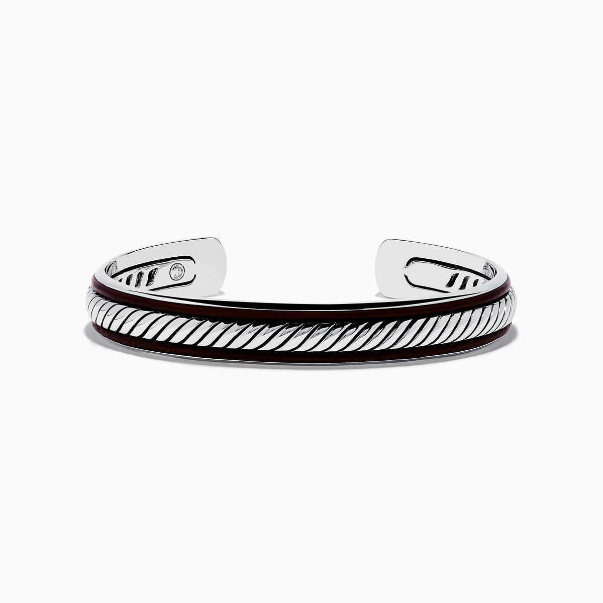 The Mens 925 Sterling Silver Leather Bangle features a diagonal rope-like pattern with dark accents along the edges and is displayed on a white background.