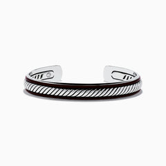 The Mens 925 Sterling Silver Leather Bangle features a diagonal rope-like pattern with dark accents along the edges and is displayed on a white background.