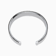 The Mens 925 Sterling Silver Leather Bangle features a diagonal rope-like pattern with dark accents along the edges and is displayed on a white background.