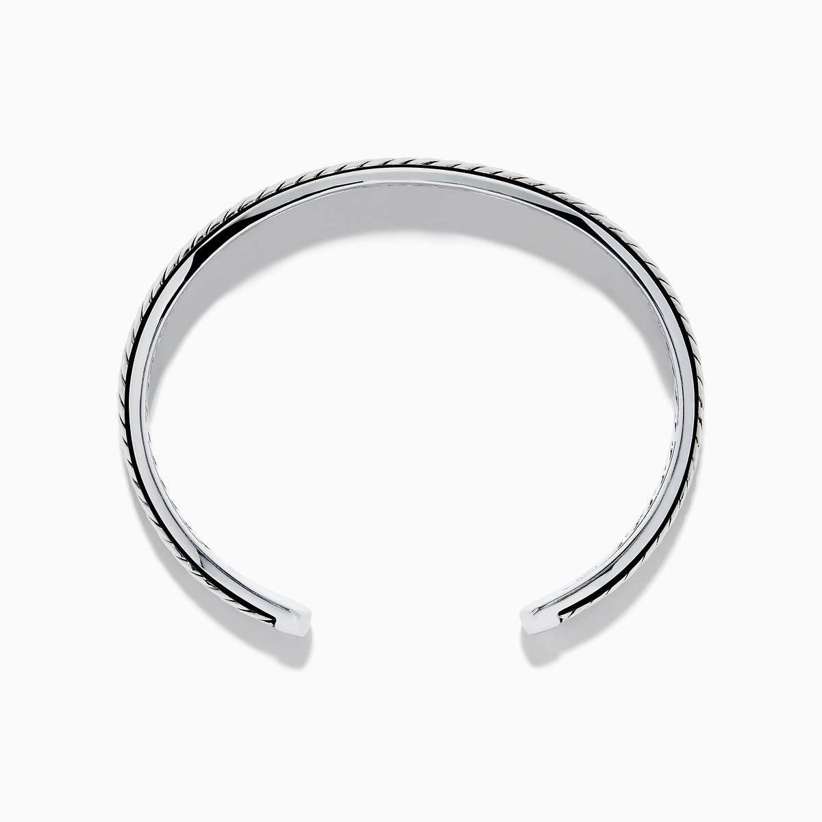 The Mens 925 Sterling Silver Leather Bangle features a diagonal rope-like pattern with dark accents along the edges and is displayed on a white background.