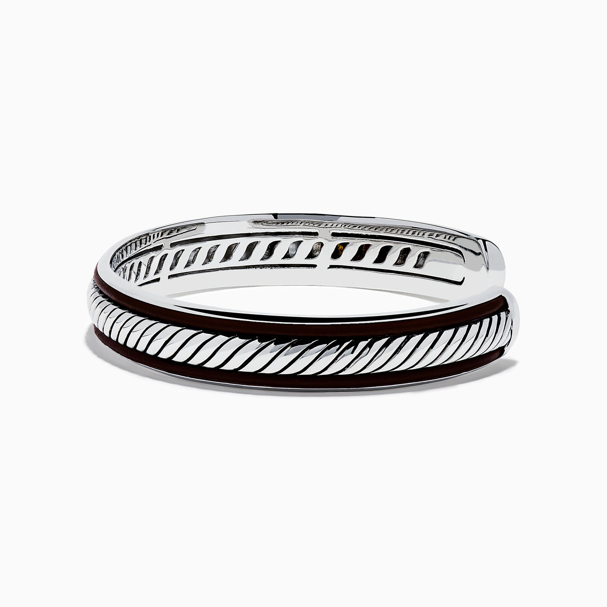 The Mens 925 Sterling Silver Leather Bangle features a diagonal rope-like pattern with dark accents along the edges and is displayed on a white background.