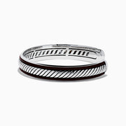 The Mens 925 Sterling Silver Leather Bangle features a diagonal rope-like pattern with dark accents along the edges and is displayed on a white background.