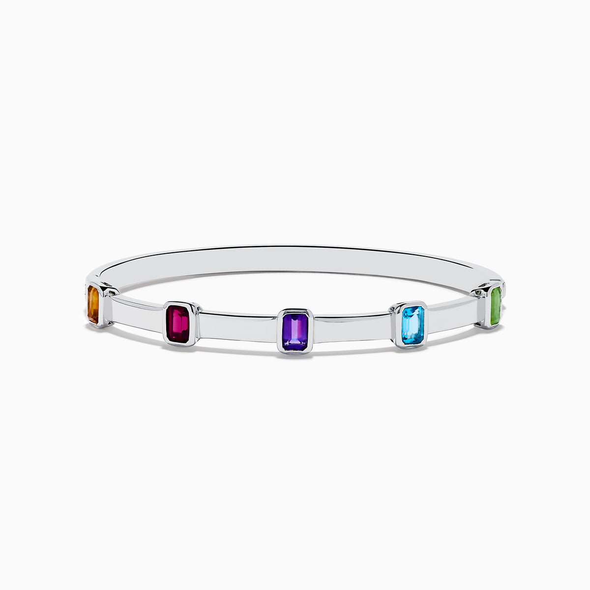 The Mosaic 925 Sterling Silver Multicolor Gemstone Bangle features five rectangular orange, red, purple, blue, and green gemstones evenly spaced around the band, shown on a white background.