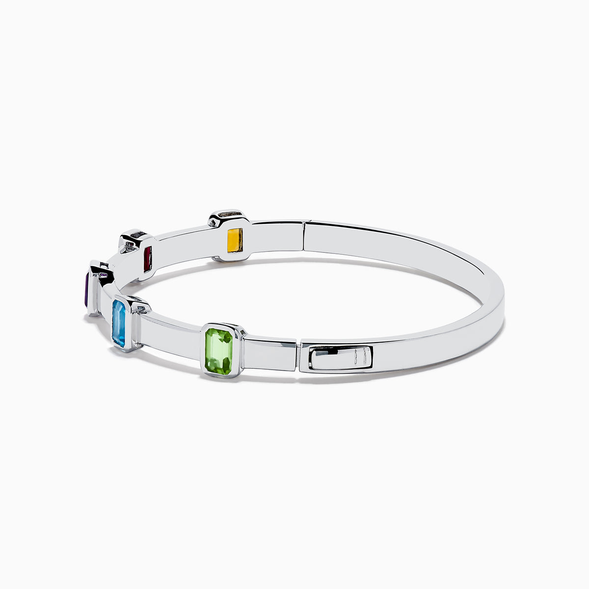The Mosaic 925 Sterling Silver Multicolor Gemstone Bangle features five rectangular orange, red, purple, blue, and green gemstones evenly spaced around the band, shown on a white background.