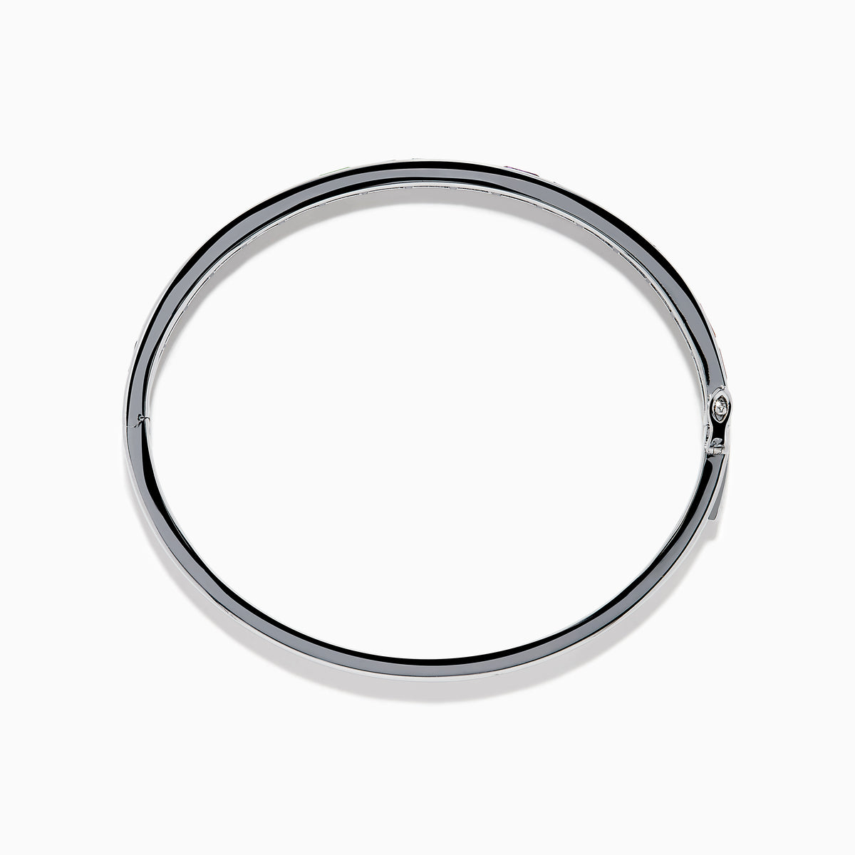 The 925 Sterling Silver Baguette Multi Color Gemstone Bangle showcases a row of vibrant rainbow-hued gemstones set along the front.