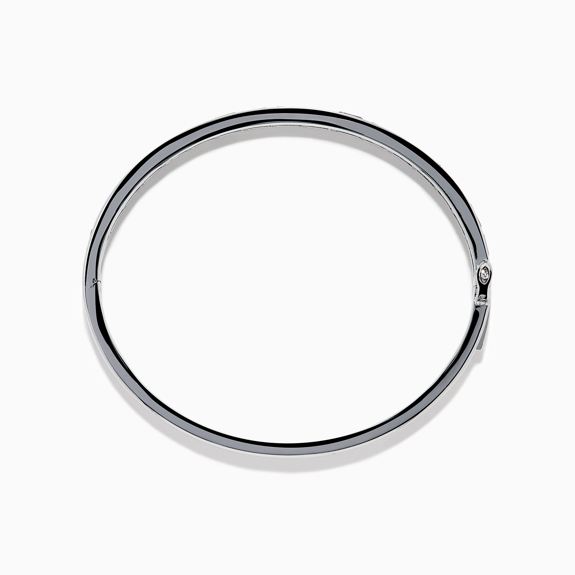 The 925 Sterling Silver Baguette Multi Color Gemstone Bangle showcases a row of vibrant rainbow-hued gemstones set along the front.