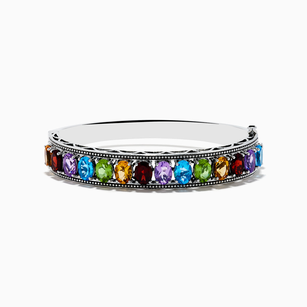 The Mosaic 925 Sterling Silver Multi Color Gemstone Bangle features a single row of round red, blue, green, orange, and purple gemstones with a decorative beaded border.