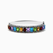 The Mosaic 925 Sterling Silver Multi Color Gemstone Bangle features a single row of round red, blue, green, orange, and purple gemstones with a decorative beaded border.