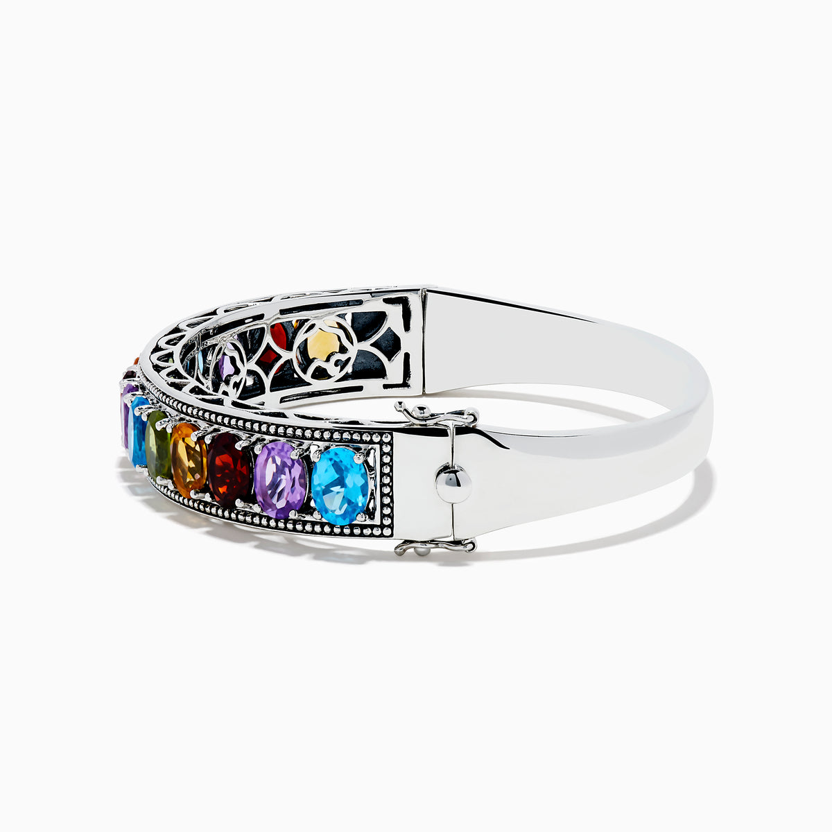 The Mosaic 925 Sterling Silver Multi Color Gemstone Bangle features a single row of round red, blue, green, orange, and purple gemstones with a decorative beaded border.