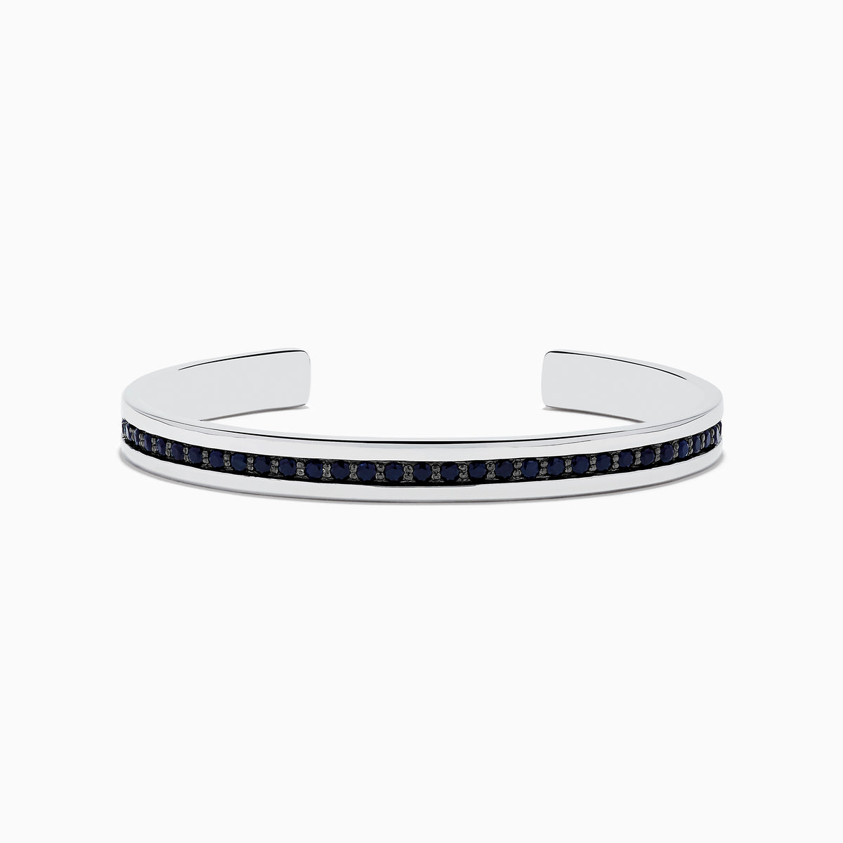 A sleek Mens 925 Sterling Silver Black Sapphire Cuff Bangle (4.09 TCW) features a single row of dark sapphires along the center, an open-ended design, polished finish, and modern appeal.