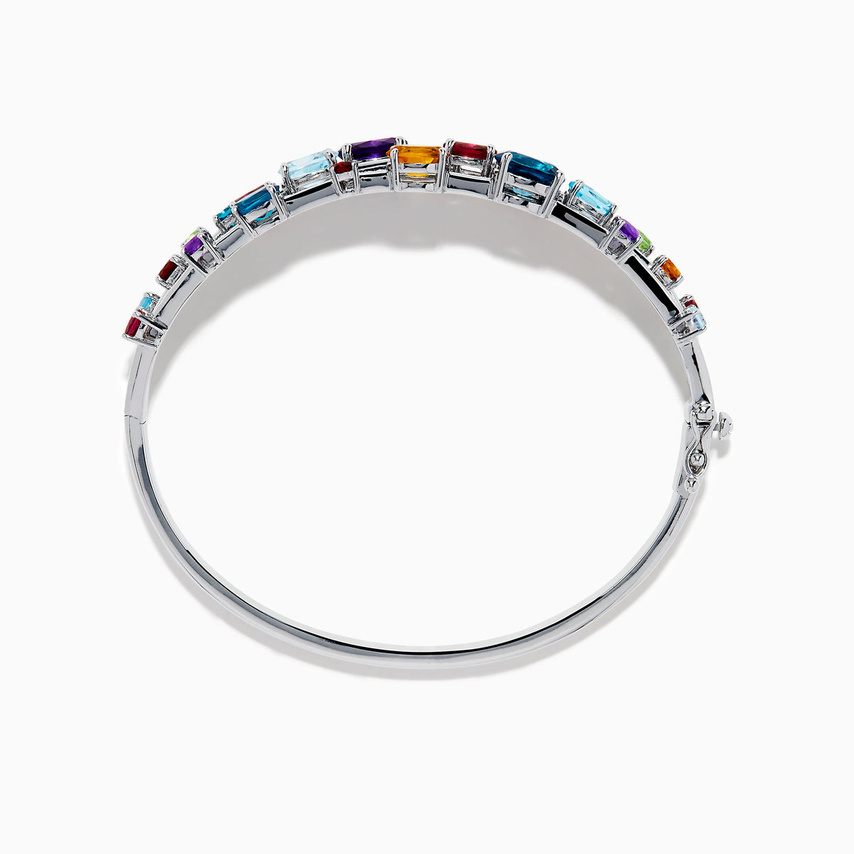 The 925 Sterling Silver Multi Color Gemstone 3 Row Statement Bangle showcases vibrant blue, red, purple, green, and orange stones in various shapes and sizes—a bold accessory for any jewelry collection.