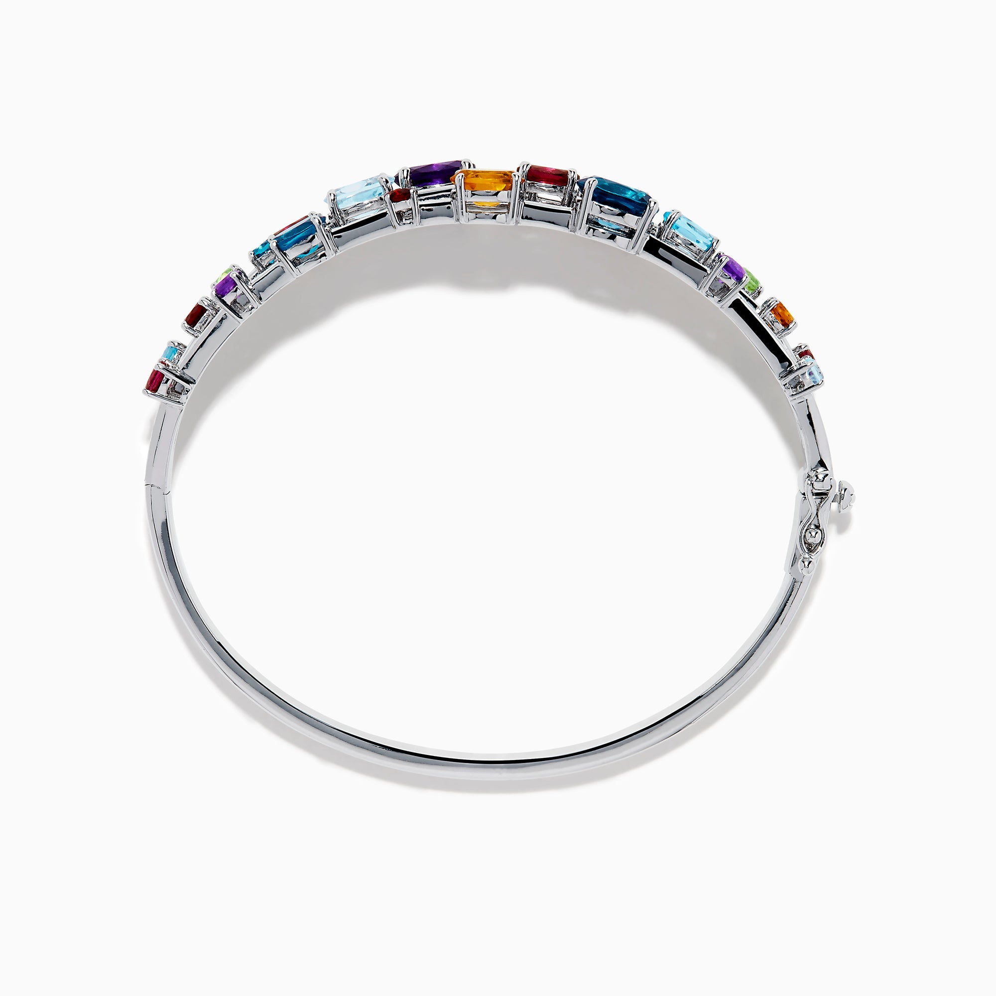 The 925 Sterling Silver Multi Color Gemstone 3 Row Statement Bangle showcases vibrant blue, red, purple, green, and orange stones in various shapes and sizes—a bold accessory for any jewelry collection.