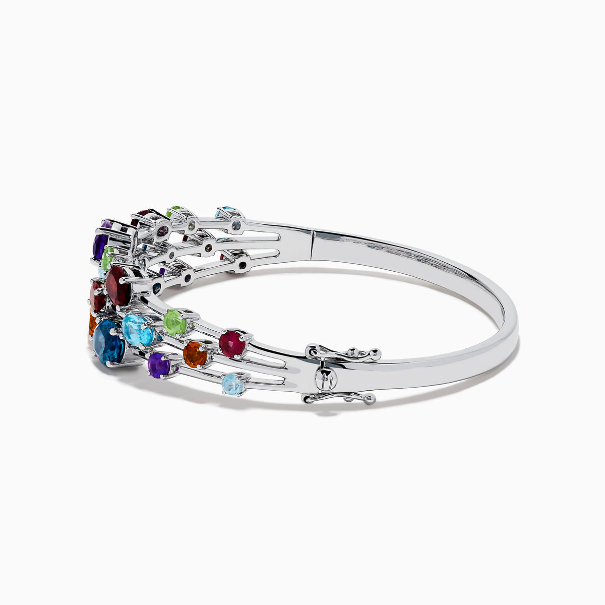 The 925 Sterling Silver Multi Color Gemstone 3 Row Statement Bangle showcases vibrant blue, red, purple, green, and orange stones in various shapes and sizes—a bold accessory for any jewelry collection.