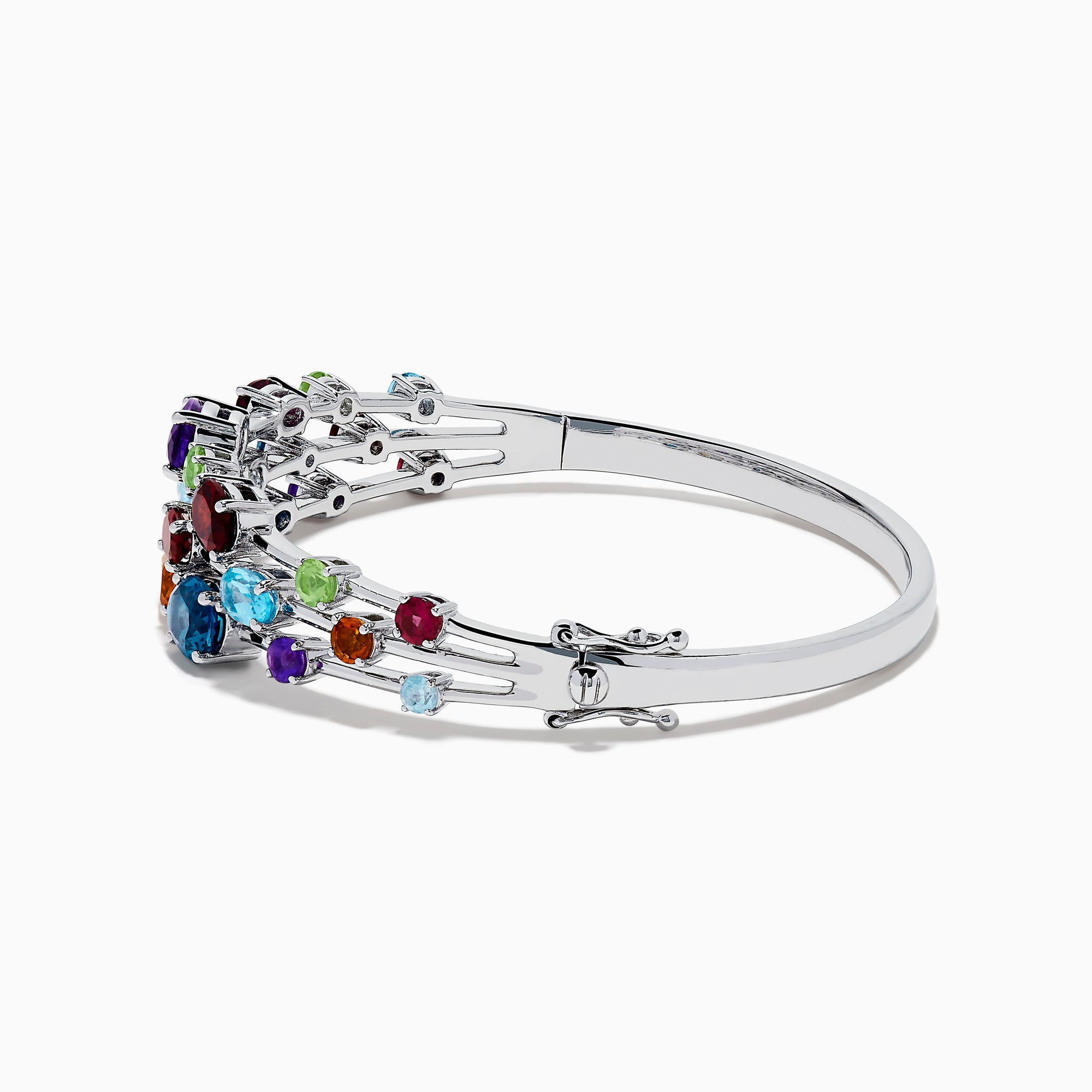 The 925 Sterling Silver Multi Color Gemstone 3 Row Statement Bangle showcases vibrant blue, red, purple, green, and orange stones in various shapes and sizes—a bold accessory for any jewelry collection.