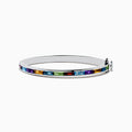 The Mosaic 925 Sterling Silver Multi Color Bangle features rectangular, multicolored gemstones set in a row along its outer surface and is displayed on a white background.
