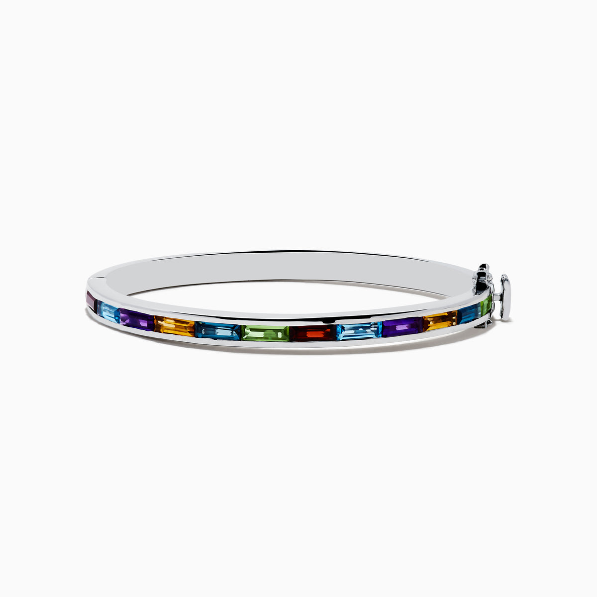 The Mosaic 925 Sterling Silver Multi Color Bangle features rectangular, multicolored gemstones set in a row along its outer surface and is displayed on a white background.