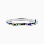 The Mosaic 925 Sterling Silver Multi Color Bangle features rectangular, multicolored gemstones set in a row along its outer surface and is displayed on a white background.
